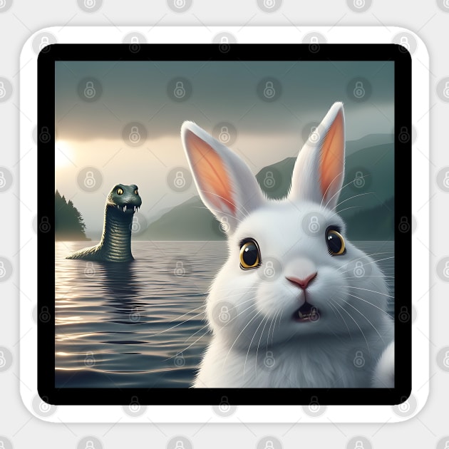 Surprised Rabbit Selfie with Loch Ness Monster Nessie funny Sticker by Luxinda